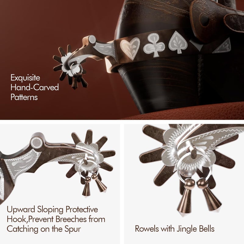 EQUSPUR Western Cowboy Spurs, 1 Pair Horse Spurs with Rowels, Antique Horse Boot Spurs with Hand-Carved Decoration for Adult Equestrian, Men Women - Image 4